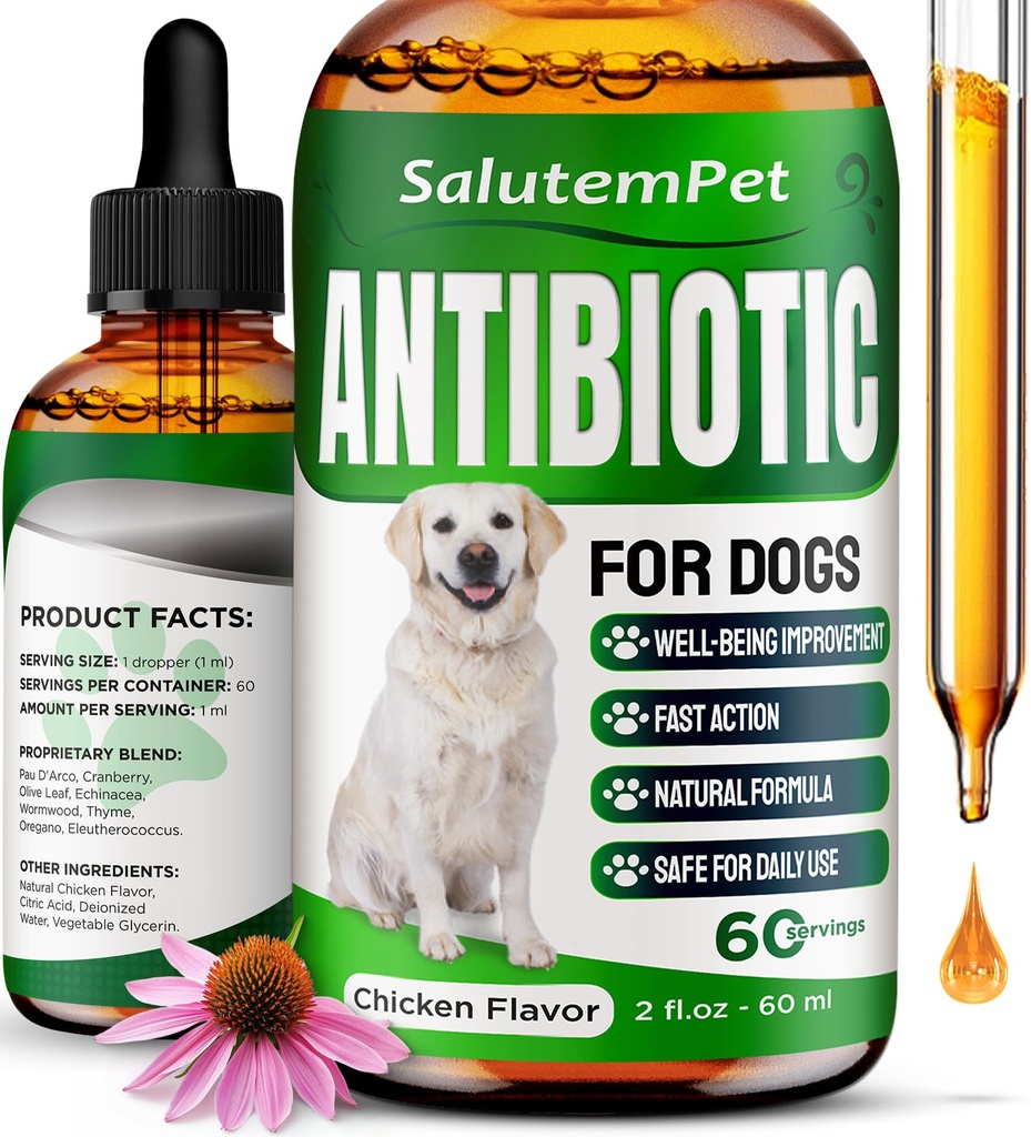 Köpekler için Doğal Antibiyotikler | Enfeksiyon için Köpek Antibiyotikleri, Cough, & Allergies | Dog UTI Treatment Antibiyotiks for All Breeds | Herbal Supplement with Chicken Flavor | 2 Oz