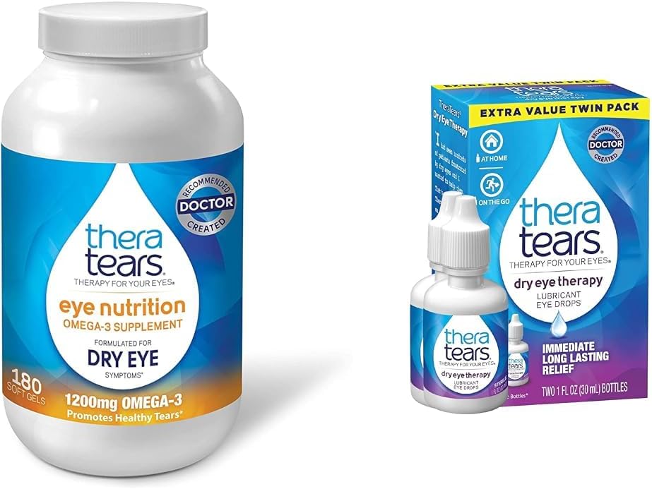 TheraTears 1200 mg Omega 3 Supplement for Eye Beslenme, Organik Flaxseed Triglyceride Fish Oil and Vitamin E, 180 & Kont Eye Therapy Laneing Eye Drops for Kuru Eyes, 1 fl oz Şişe Twin Pack