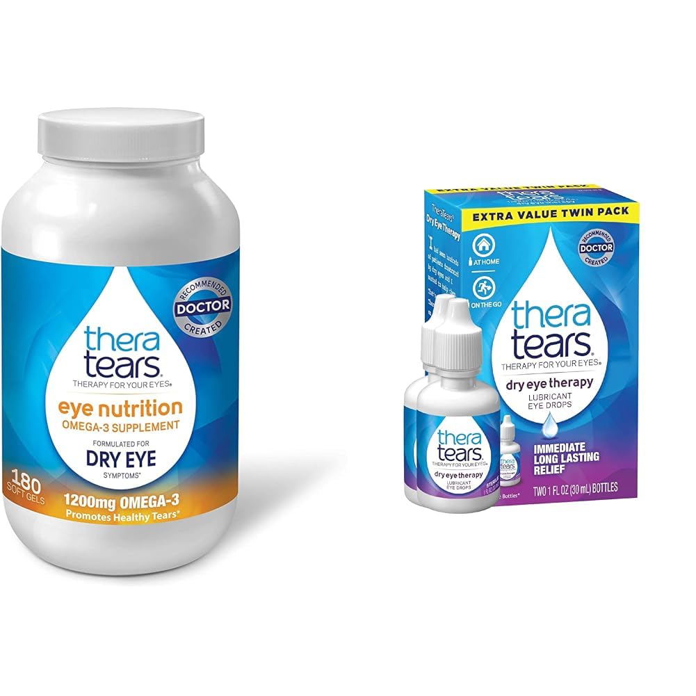 TheraTears 1200 mg Omega 3 Supplement for Eye Beslenme, Organik Flaxseed Triglyceride Fish Oil and Vitamin E, 180 & Kont Eye Therapy Laneing Eye Drops for Kuru Eyes, 1 fl oz Şişe Twin Pack