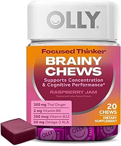 OLLY Focused Thinker Brainy Chews, Omega-3 ALA, Vitaminler B6 & B12, Plus Thai Ginger Alertness, Concentration & Cognitive Performance Support, Vegetarian, Raspberry, 20 Count