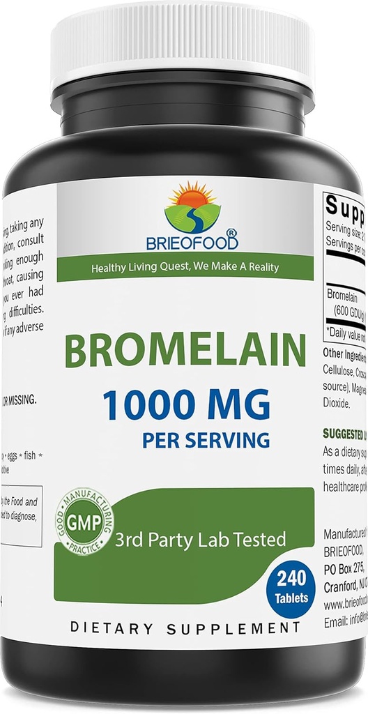 Brieofood Bromelain 1000mg per Serving 240 Tablets - Proteolytic Digestive Enzyme - Supports Healthy Digestion, Joint Health, Nutrient Absorption
