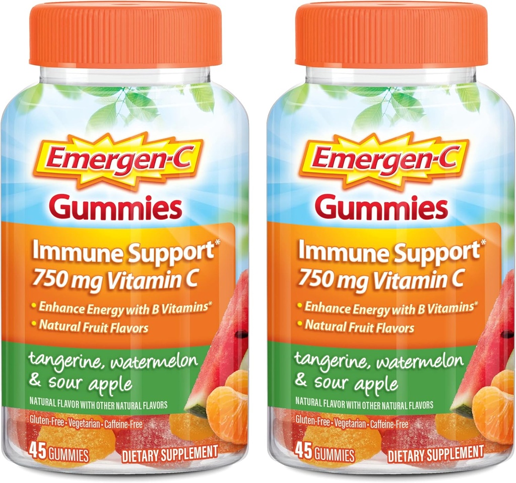 Emergen-C Βιταμίνη C Gummies, Συμπλήρωμα διατροφής για την υποστήριξη του ανοσοποιητικού, Tangerine, Καρπούζι και Ξηρό άρωμα μήλου - 45 Count x 2 (Pack of 2)