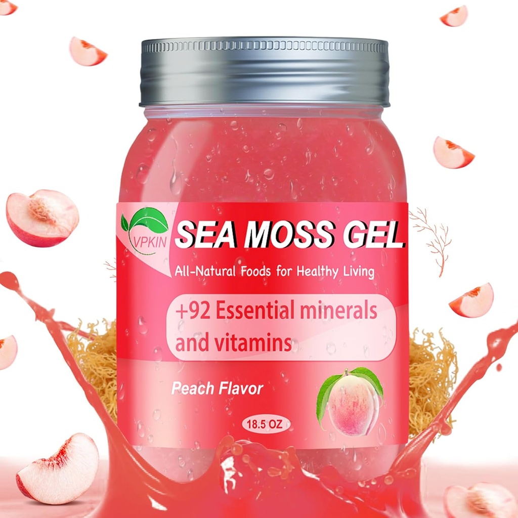 Sea Moss Gel,Irish Organic Raw Seamoss Gel Made with Real Fresh Fruit,Immune and Digestive Support,Vitamin Minerals Supplement(Peach,18.5OZ)