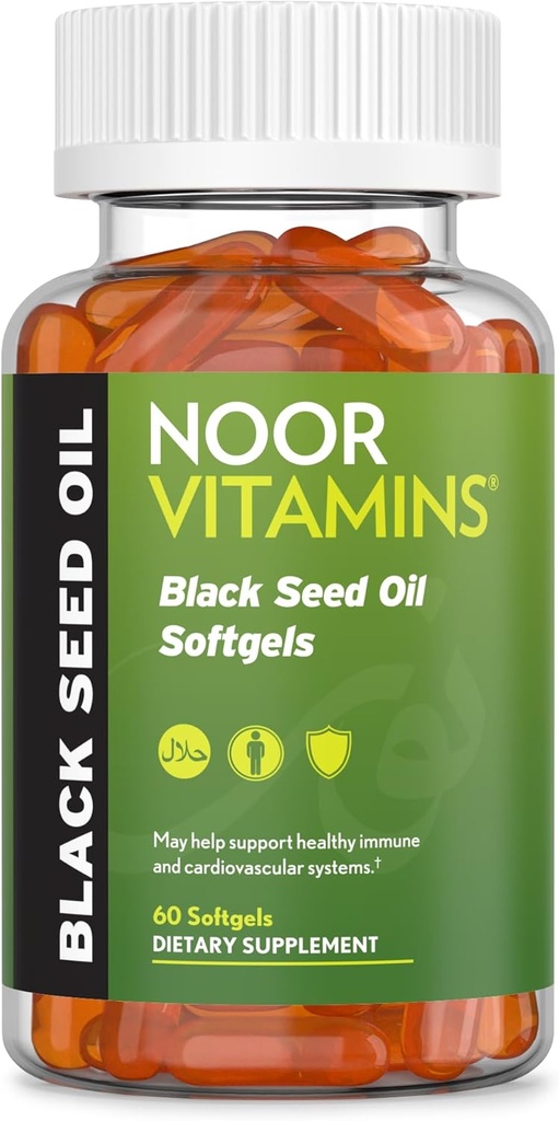 Noor Vitamins Halal Black Seed Oil Capsules, Halal Vitaminler, Nigella Sativa'dan 1000 mg Siyah Tohum Yağı, Senmoquinone, Non-GMO, Gluten Free, 60 Count