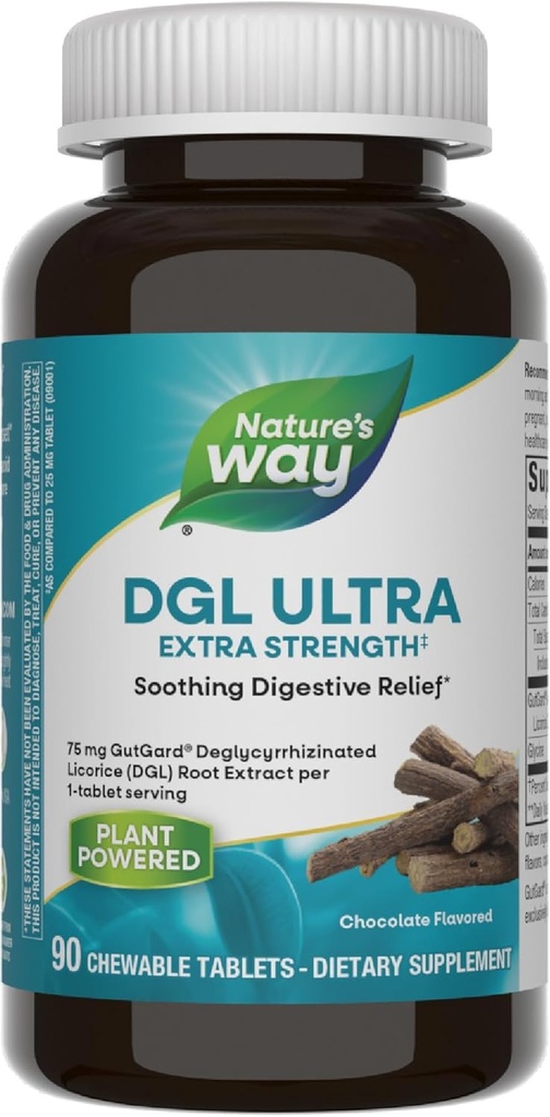 Nature's Way DGL Ultra Extra Strength**, Premium εκχύλισμα ρίζας γλυκόριζας, Καταπραϋντικό Digestive Relief*, με Gutgard, Vegan & Gluten Free, Σοκολάτα Γεύση, 90 Μασώμενα δισκία (Packaging May Vary)