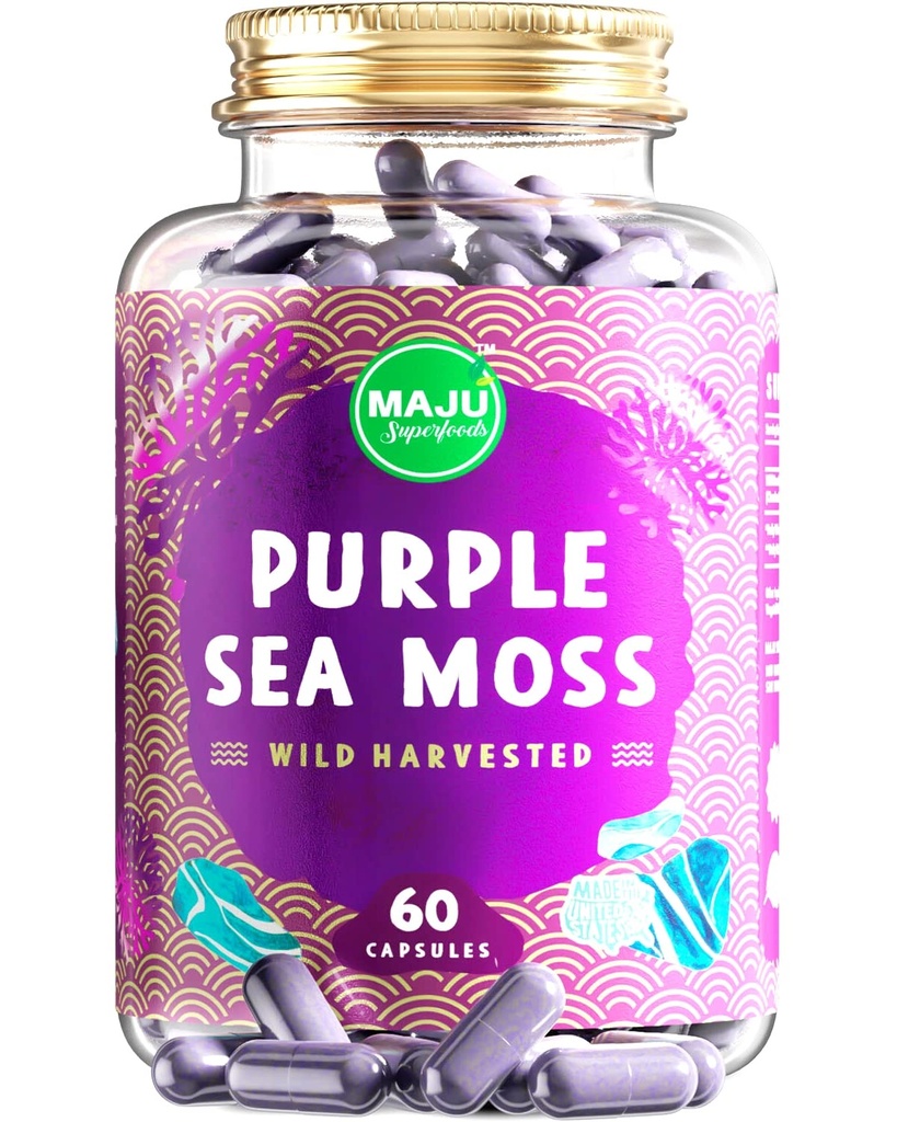 MAJU'nun Güçlü Mor Deniz Moss Capsules (60 ct), Ekstra-Strength Mor Minerals, Chondrus Crispus, Güçlü Than Gel, Organik İrlandalı Seamoss Capsule ile kıyasla, Wild Harvested Toz Pills Capsule, Wild Harvested Toz Pills