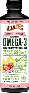 Barlean'ın Pink Lemonade Vegan Omega 3 Supplement, Sıvı Algae Oil 630 mg EPA & DHA, Plant Based Omegas from Algal Oil, Non-GMO & Gluten Free, 16 ozz