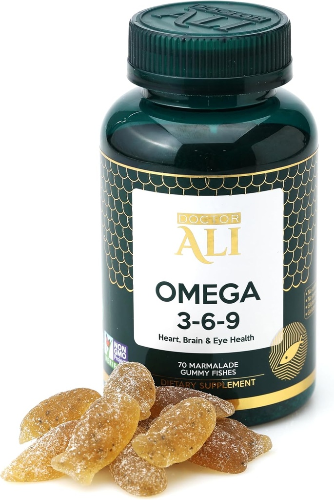 Doctor ALI - Vegan Omega 3-6-9 Gummies | Fish-Free, Non-GMO, Organic Ingredients | Brain, Heart & Vision Support for Adults & Kids | Gelatin-Free | Gluten-Free | 70 Count