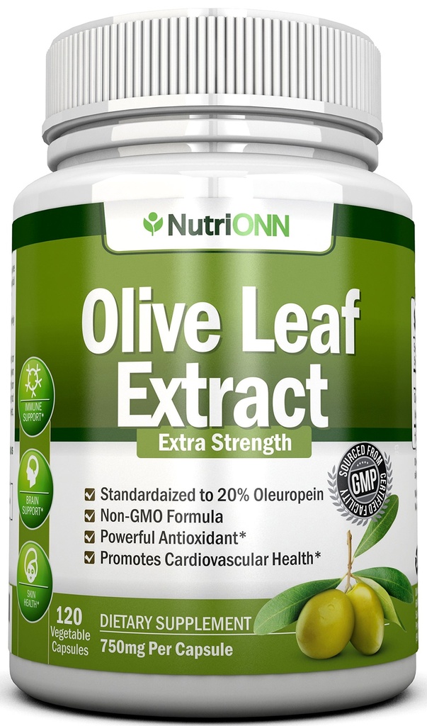 Olive Leaf Extract - 750 Mg - 120 Capsules - Extra Strength - 20% Oleuropein - Non-GMO Formula - Premium Quality From Pure Olive Leaves - Powerful Antioxidant - Great for Heart, Skin and Brain