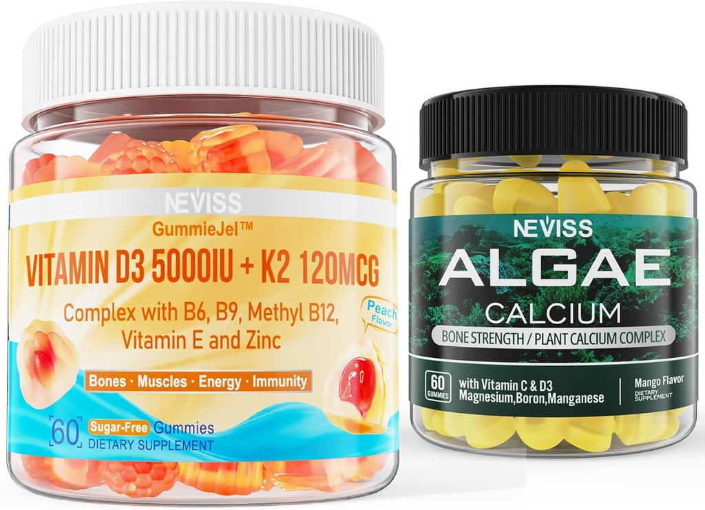 NEVISS D3 5000IU K2 Gummies + δέμα με γκοφρέτες ασβεστίου θαλάσσιων αγκώνων