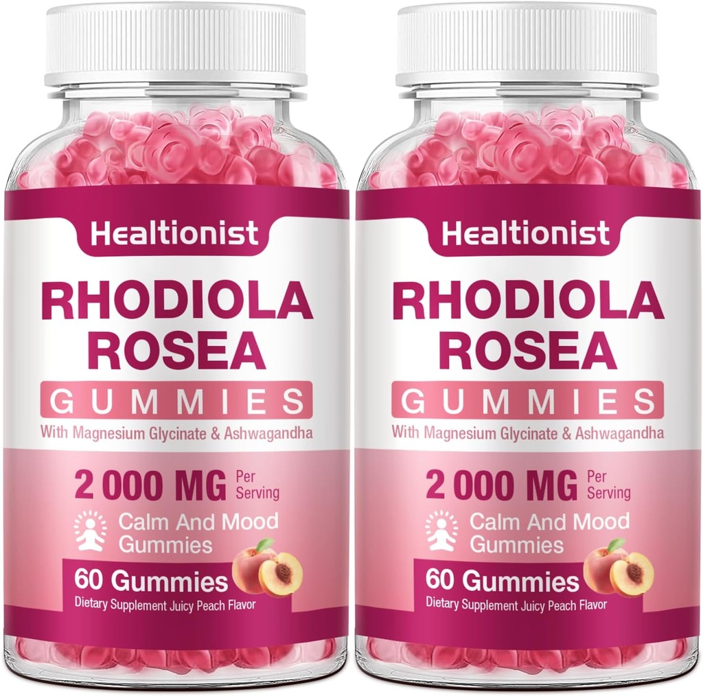 2 Πακέτα Χωρίς ζάχαρη Rhodiola Rosea Gummies Adaptogenic Rhodiola Rosea Supplement & Cortisol Blocker για την απόδοση, Stamina, Mood & κίνητρο - Non-GMO, 120 Vegan Chews