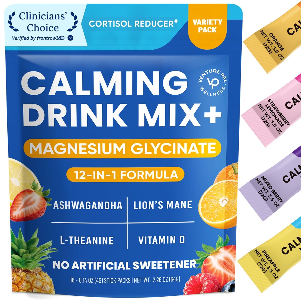 Venture Pal Calming Pinked Mix, Μαγνήσιο Γλυκινικό, Ashwagandha, L-Θεανίνη, Βιταμίνη D, Λιοντάρια Μάνε, Ζάχαρη Δωρεάν Μαγνήσιο συμπλήρωμα για χαλάρωση & εστίαση, μη ΓΤΟ, Vegan, On The Go