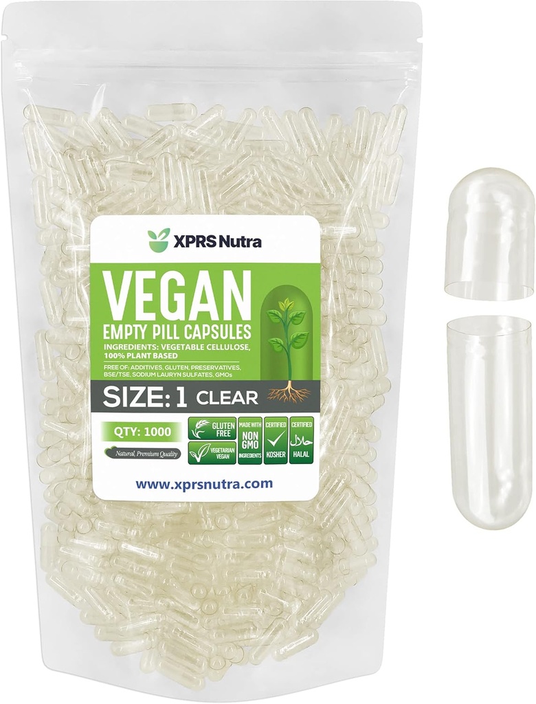 XPRS Nutra Μέγεθος 1 Κενές κάψουλες - 1000 Clear Count Empty Vegan Κάψουλες - Χορτοφαγικά Χάπια - DIY Καψάκιο Γέμισμα- Χάπια Veggie για το Do-It-Yourself συμπληρώματα