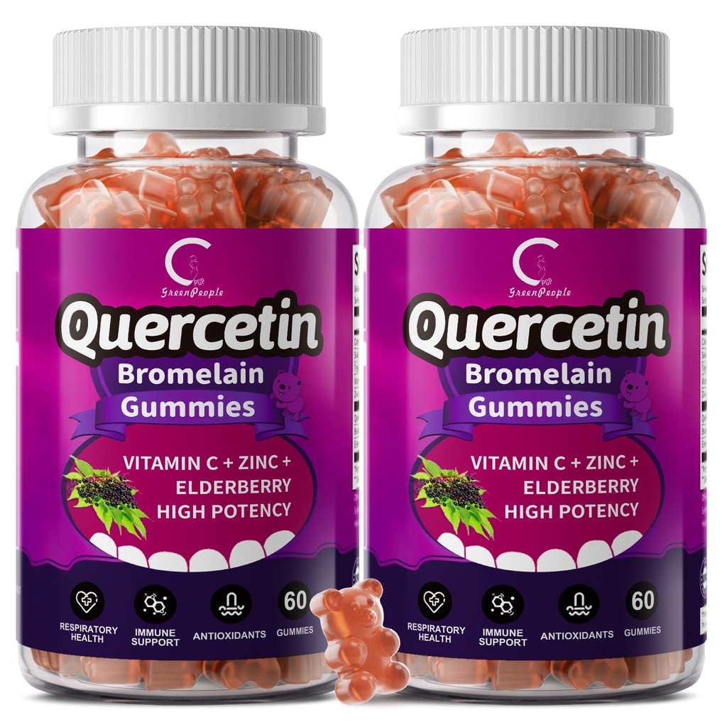 Quercetin Gummies - Quercetin with Bromelain, Vitamin C, çinko & Elderberry, Ekstra Güçlü Immune System ATM, Lung Support Supplement for Yetişkinler Kids - 60 Quercetin Gummies (2 Pack)