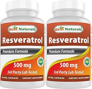 Best Naturals 2 Packs Resveratrol Kompleksi 500 mg 60 Veg Capsules Made with Grape Skin, Red Wine, Quercetin - Gluten Free & Non GMO - (Top 120 Capsules)