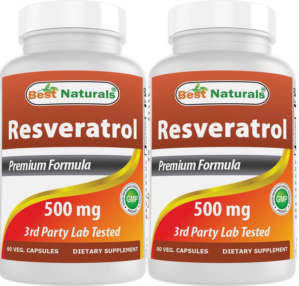 Best Naturals 2 Packs Resveratrol Kompleksi 500 mg 60 Veg Capsules Made with Grape Skin, Red Wine, Quercetin - Gluten Free & Non GMO - (Top 120 Capsules)