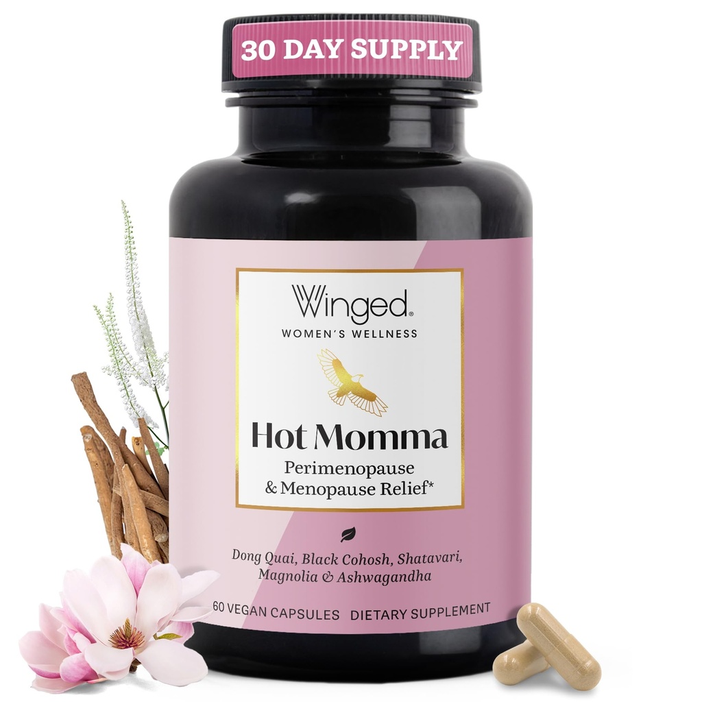 Winged Wellness Hot Momma Εμμηνόπαυση Συμπληρώματα για τις γυναίκες - Ορμονική-ελεύθερος Εμμηνόπαυση Υποστήριξη για Hot Flashes & Νυχτερινές Ιδρώσεις με Caste Tree Berry, Πολυβιταμίνες & Περισσότερα - 60 Vegan Κάψουλες