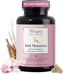 Winged Wellness Hot Momma Εμμηνόπαυση Συμπληρώματα για τις γυναίκες - Ορμονική-ελεύθερος Εμμηνόπαυση Υποστήριξη για Hot Flashes & Νυχτερινές Ιδρώσεις με Caste Tree Berry, Πολυβιταμίνες & Περισσότερα - 60 Vegan Κάψουλες