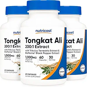 Nutricost Tongkat Ali 1000 mg, 60 Caps (3 Şişeler) - 30 Hizmet, Veggie Caps, Non-GMO, Gluten Free, Potent Ekstraksiyon