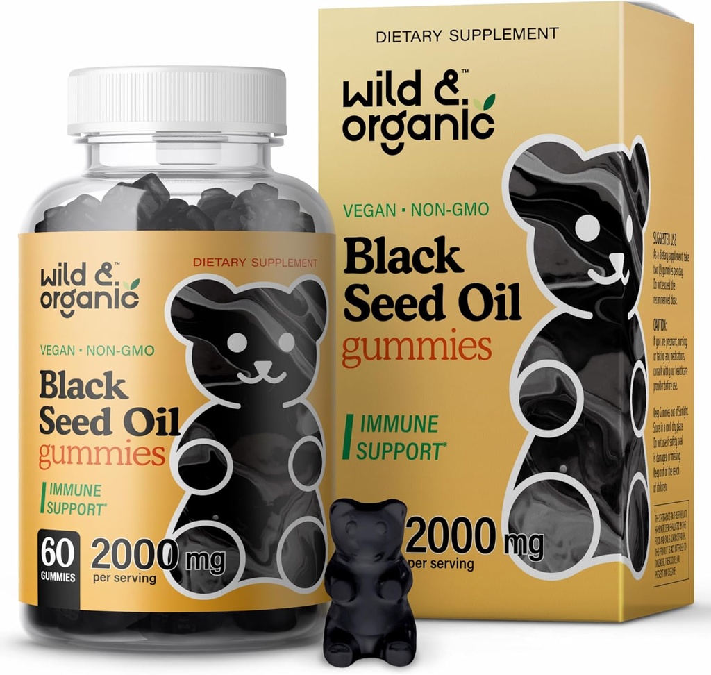 Wild & Organic Black Seed Oil Gummies 2000 mg - Saç Skin ve Nails Destek w/Cumin Oil - Nigella Sativa - Black Tohum Gummies for Immunity - 60 Omega 3 6 9 Chews