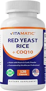 Vitamatic Citrinin-Free Red Yeast Rice 1200 mg. Capsules with CoQ10 100 mg, Flush Free Niacin 100 mg, & Powder Toz 20mg - 120 Veg Capsules