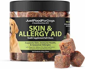 JustFoodForDogs Skin & Anti Allergy Care Soft Chews Supplement for Dogs, Season Allergies, Itchy Skin Relief, Inflammation, Immune Support - 45