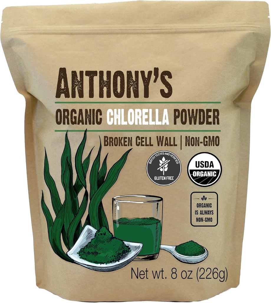 Οργανική σκόνη Chlorella του Anthony, 8 oz, μη ΓΤΟ, χωρίς γλουτένη, σπασμένο κυτταρικό τοίχωμα