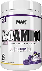 Man Sports ISO-Amino Pure Isolated BCAAs - Build Lean Muscle - Branched Chain replicas Toz - Keto BCAA - Accelerate Recovery - 210 Grams, 30 Hizmet - Grape Gum Gum Gum Gum