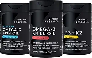Spor Araştırma Antarktika Krill Oil Omega 3 1000 mg (Çift Gücü) Phosphoidids, Choline & Astaxanthin, Triple Strength Omega 3 Fish Oil Single- Source Wild Alaska Pollock 1250 mg, D3 K2 K2