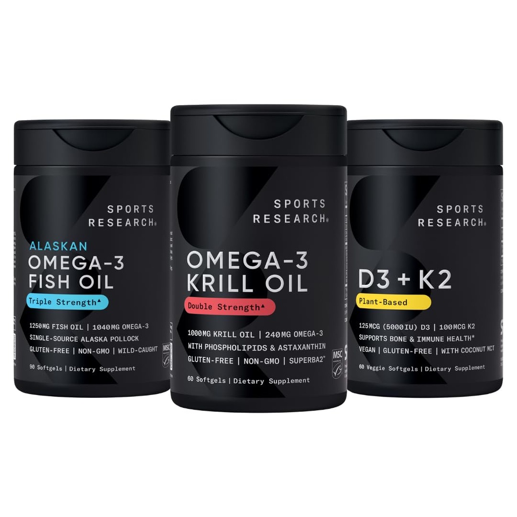Spor Araştırma Antarktika Krill Oil Omega 3 1000 mg (Çift Gücü) Phosphoidids, Choline & Astaxanthin, Triple Strength Omega 3 Fish Oil Single- Source Wild Alaska Pollock 1250 mg, D3 K2 K2