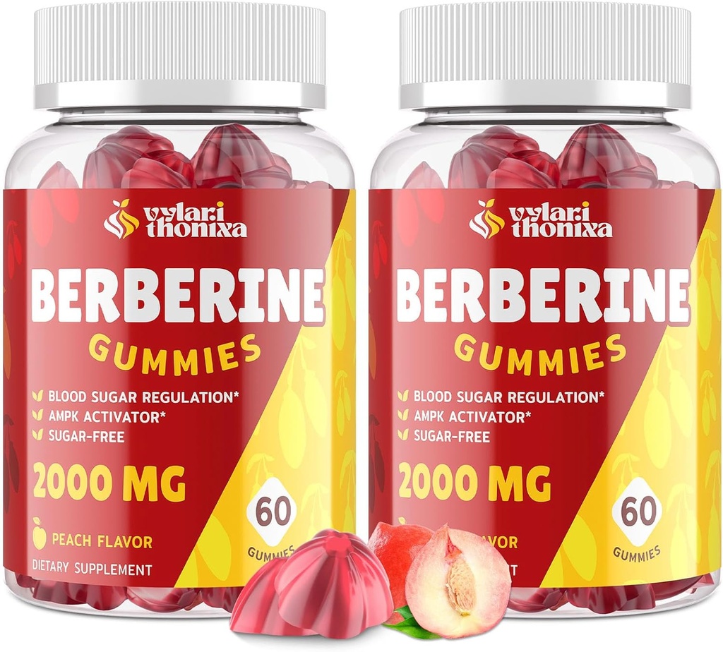 2000mg Berberine Supplement Gummies - Yüksek Potency Berberine with Ceylon Cinnamon Candy, Turmeric, Magnezyum, Chromium - Sugar Free, Vegan, Non-GMO, Gluten-Free - Peach Flavor 60 Gummies - 2 Pack