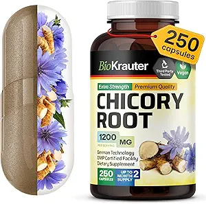 BIO KRAUTER Chicory Fiber Supplement - 1200 mg Güçlü - 250 Kont - Chicory Root Toz - Inulin Capsules for Digestive Support - Vegan