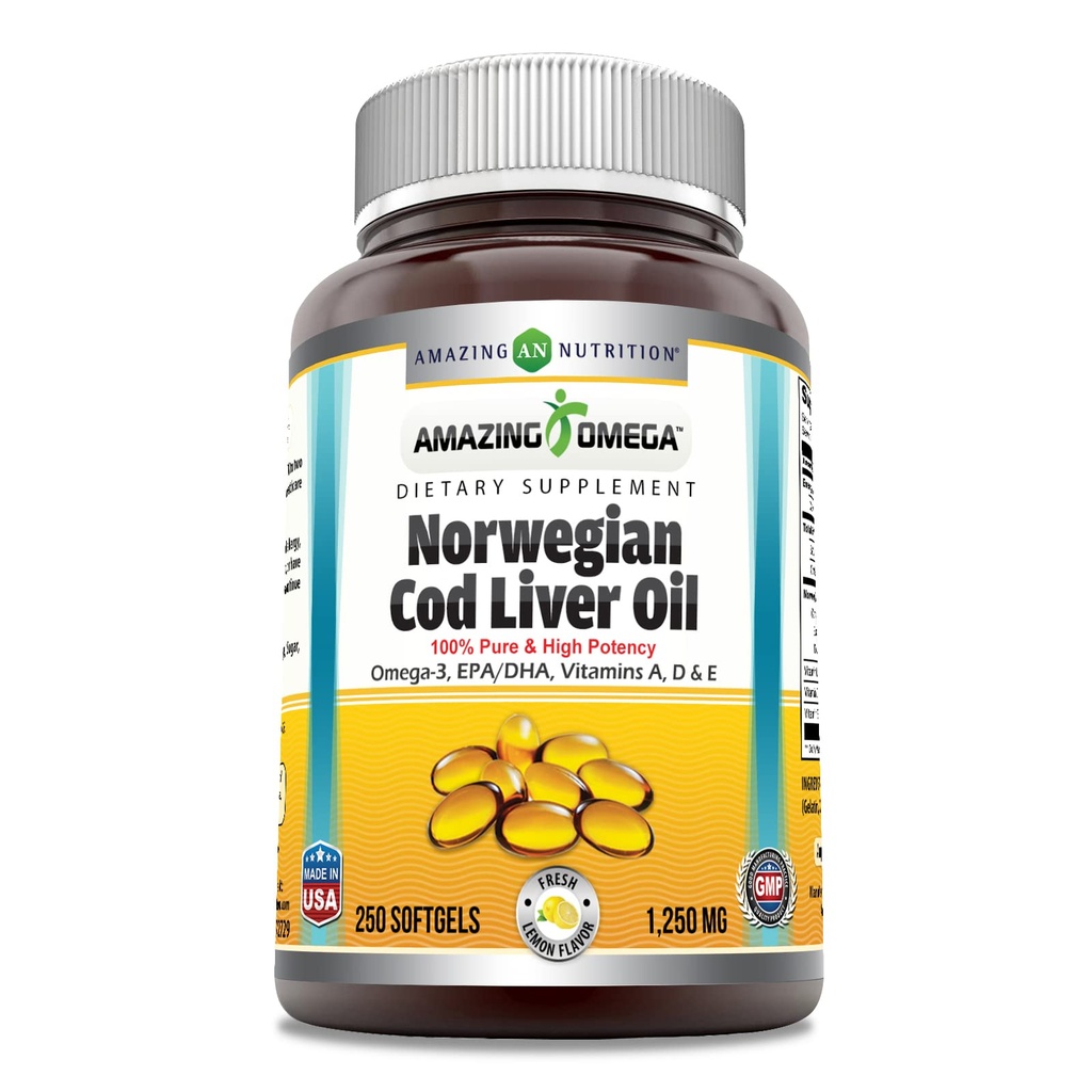Amazing Omega Norveç Cod Liver Oil 1250 Mg Softgels Supplement | Omega-3, EPA, DHA, A, Vitamin D & Vitamin E (Lemon | 250)