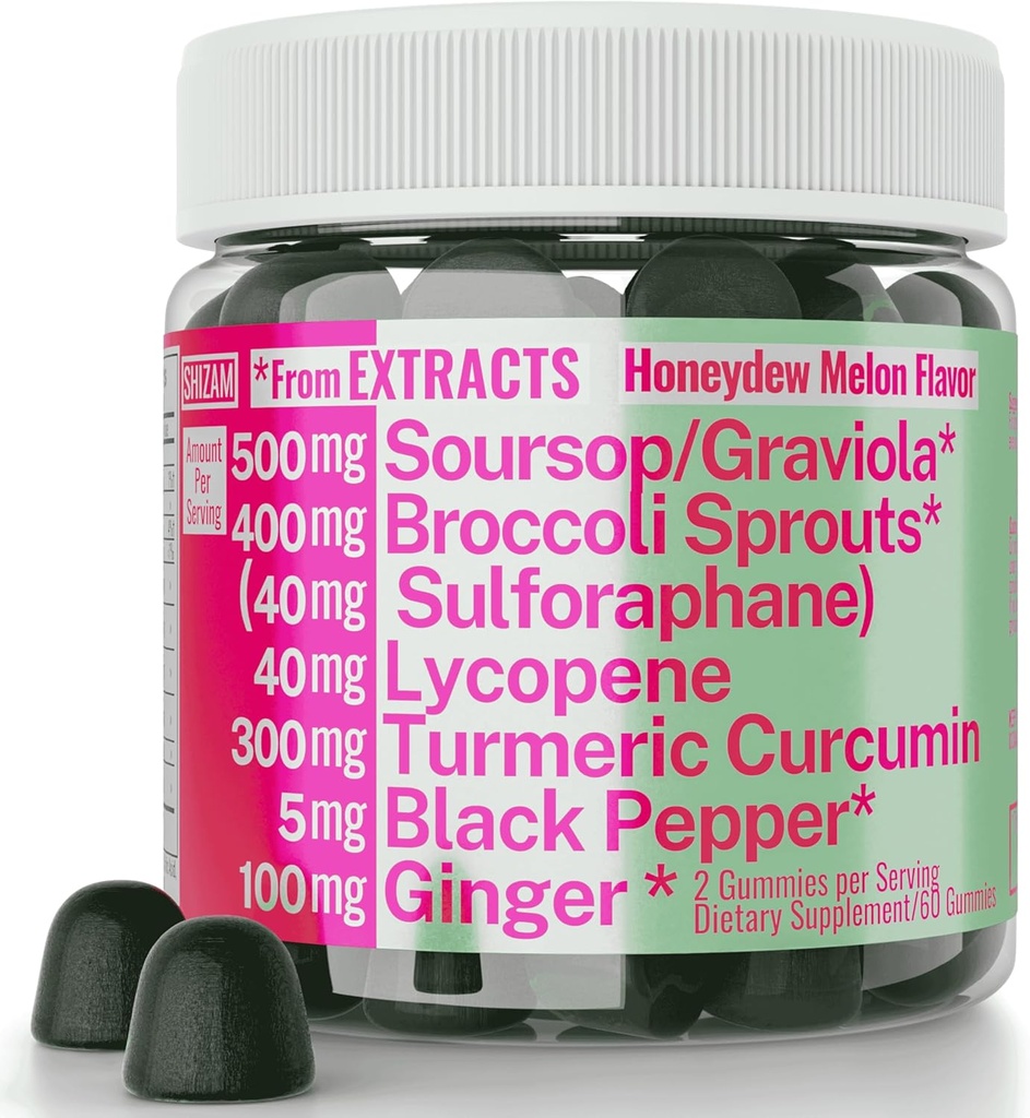 Soursop Graviola Curcumin Lycope Broccoli Spruts Sulforafane Extract Gummies with Turmeric Curcumin Ginger Black Pepper, Sour Sop Guyabano Leaf Supplement, Chew Chew Chew Chew Chew Pills Capsules