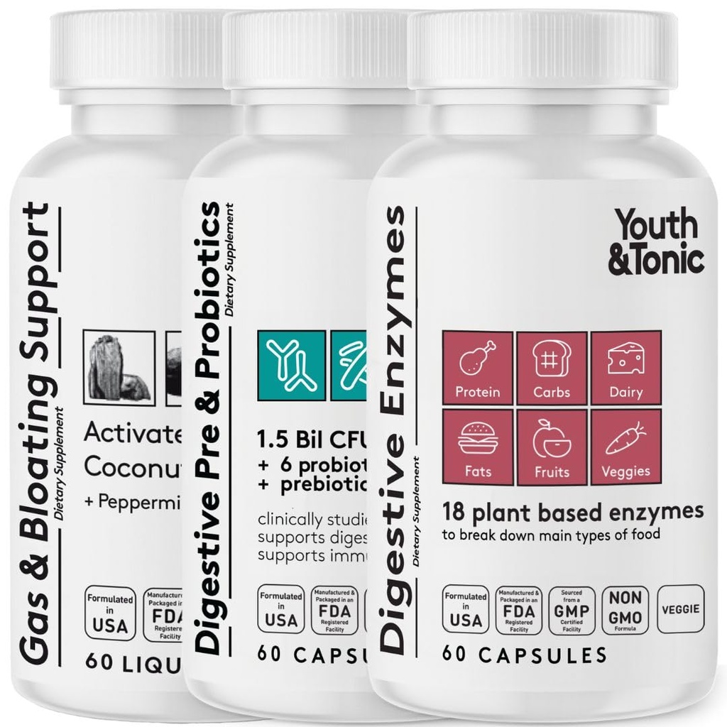 Gençlik ve Tonic Digestion Stomach Support & Detox for Regularity, Gas & Bloating & Gut Health. Tüm Tipler Digestive Enzymes Probiyotiks & Prebiyotiks Charcoal Peppermint & Organic Coconut Oil 180 Pills