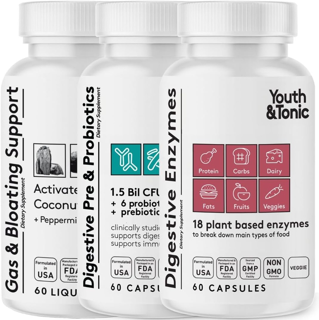 Gençlik ve Tonic Digestion Stomach Support & Detox for Regularity, Gas & Bloating & Gut Health. Tüm Tipler Digestive Enzymes Probiyotiks & Prebiyotiks Charcoal Peppermint & Organic Coconut Oil 180 Pills