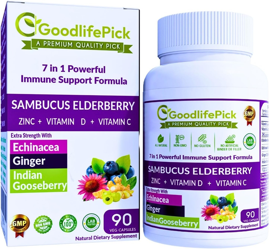 7'de ZINC, Vitamin C, Vitamin D, Echinacea, Ginger & Indian Gooseberry (Amla). Premium Elderberry Capsules 90 ct, All Natural,Non-GMO,Vegan, No Rice Toz, No-Gluten