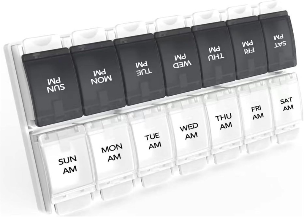 Sukuos AM PM Weekly 7 Day Pill Organizer, 2 Times A Day Pill Box with Arthritis Friendly Push Düğme, Medicine Cases for Vitamin/Fish Oil /Supplements, Easy to Clean (Black & White)