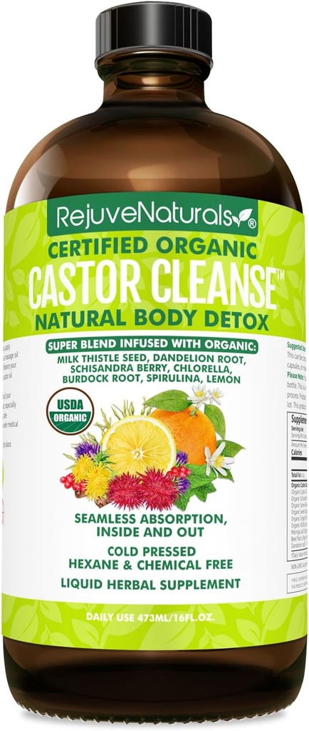 Rejuve Naturals Castor CleanseTM - USDA Organik Castor Oil, Chlorella, Spirulina, Roots & Greens for Wellness, Digestive Support, Daily Balance. 3-Month Supply Gut Cleanse Detox for Women & Men - 16oz.