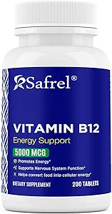 Safrel Vitamin B12 5000 mcg per Tablet, 200 Days Supply, Supplement for Energy, Metabolism ve Nervous System Health Support, Vegan, Gluten Free and Dye Free | Made in USA