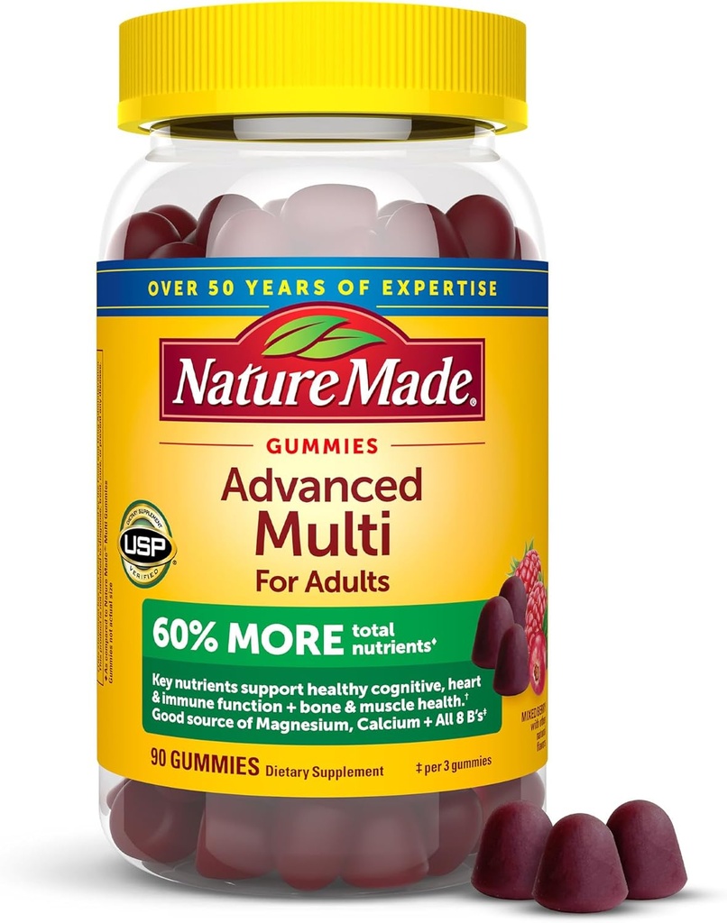 Doğa Yetişkinler için Gelişmiş Multivitamin Gummies, Women's and Men's Multivitamin Gummies with Magnezyum Citrate,dis & B Vitamins, Daily Support, 90 Gummies, 30 Day Supply, 90 Gummies, 30 Day Supply, 90 Gummies, 30 Day Supply
