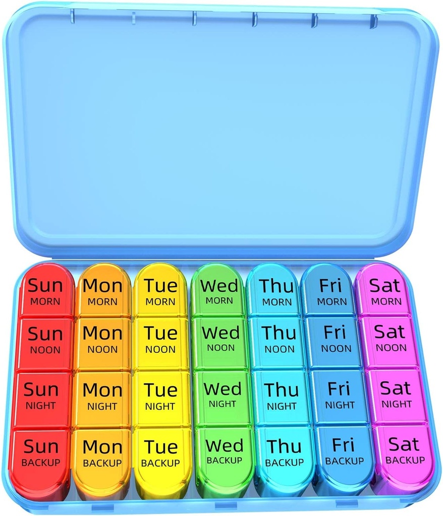 Odaro Weekly Pill Organizer 4 Times a Day, Daily Pill Box 7 Gün, Büyük Seyahat Pill Case with 28 Karşılaştırmalı Tıp, Vitamin ve Supplement - Blue Case
