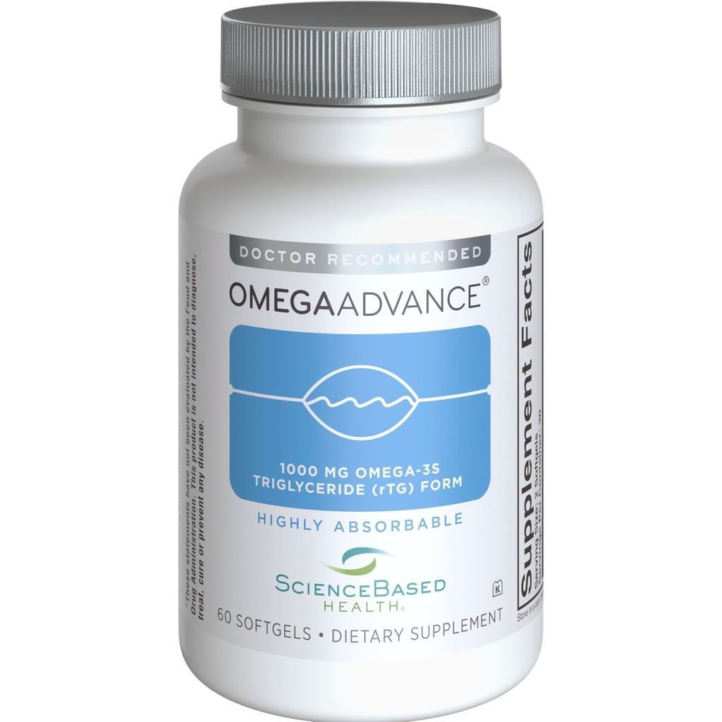 OmegaAdvance Omega-3 Fish Oil – Τριγλυκερίδια μορφή με 1000 mg EPA & DHA – Plus Lutein & Zeaxanthin – Υποστηρίζει την καρδιά, την υγεία του εγκεφάλου και την υγεία των ματιών – Λεμόνι Επικαλυμμένο – 60 Softgels