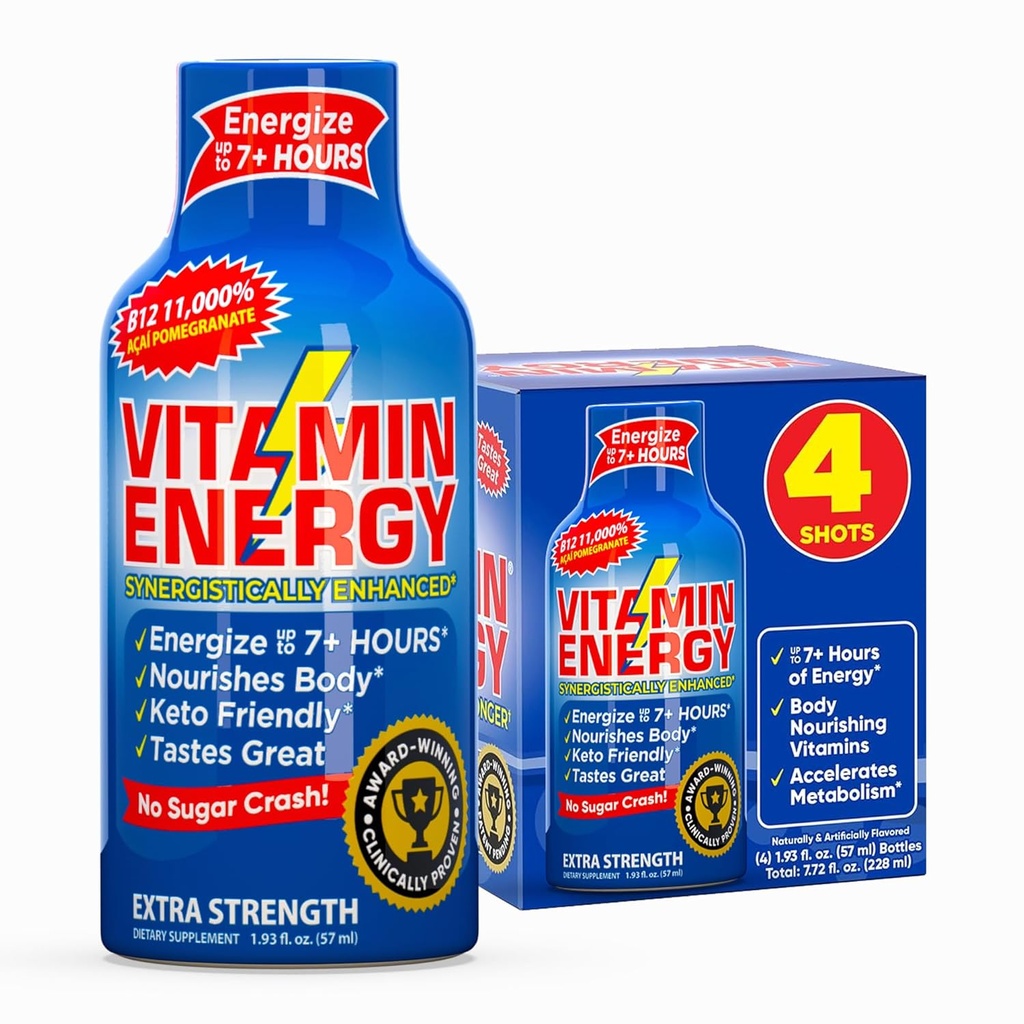 Vitamin Energy B12 11,000% Extra Strength Energy Shot Açaí Ρόδι 4 Pack, 260mg Φυσική καφεΐνη, B12 & B6, Nootropic Focus, Vitality, Zero Sugar, Gluten-free, Vegan, Kosher, 1.93 fl oz