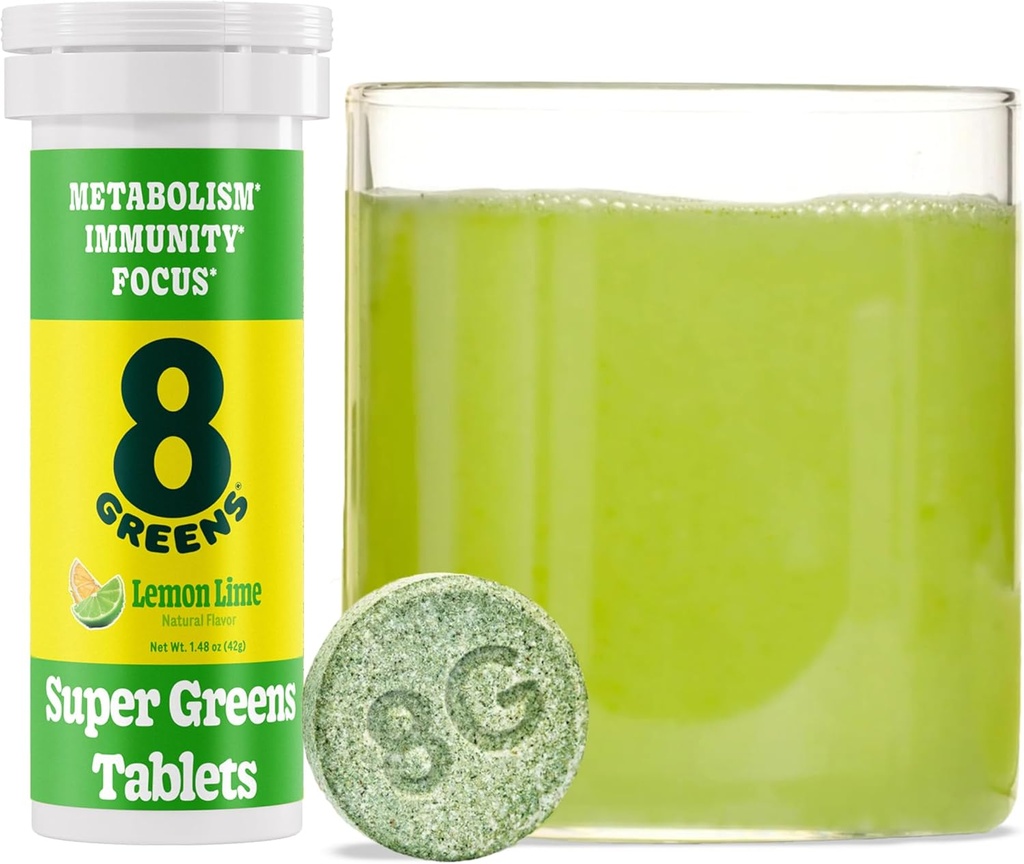 8Greens Supergreens Tabletleri | Super Greens Toz Superfood Tablet, Metabolism Immunity & Focus, Daily Greens Effervescent Tabletleri, Organik: Aloe Vera, Spirulina, Chlorella, Lemon Lime, 10 Hizmetler