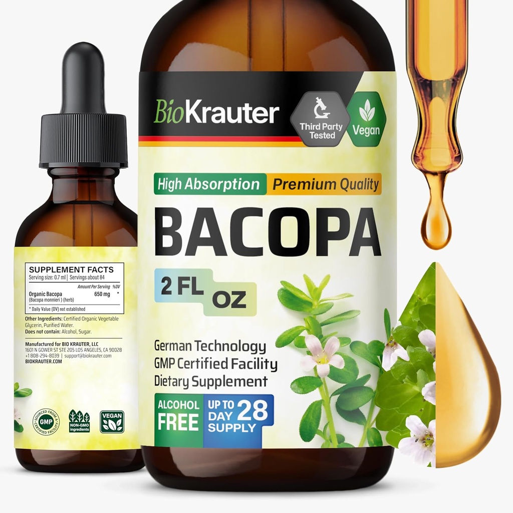 BIO KRAUTER Bakopa Monnieri Drops - Συμπληρώματα Brahmi υποστήριξης - Υγρά συμπληρώματα Bacopa - Αλκοόλ & Χωρίς ζάχαρη - Vegan 2 Fl.Oz.