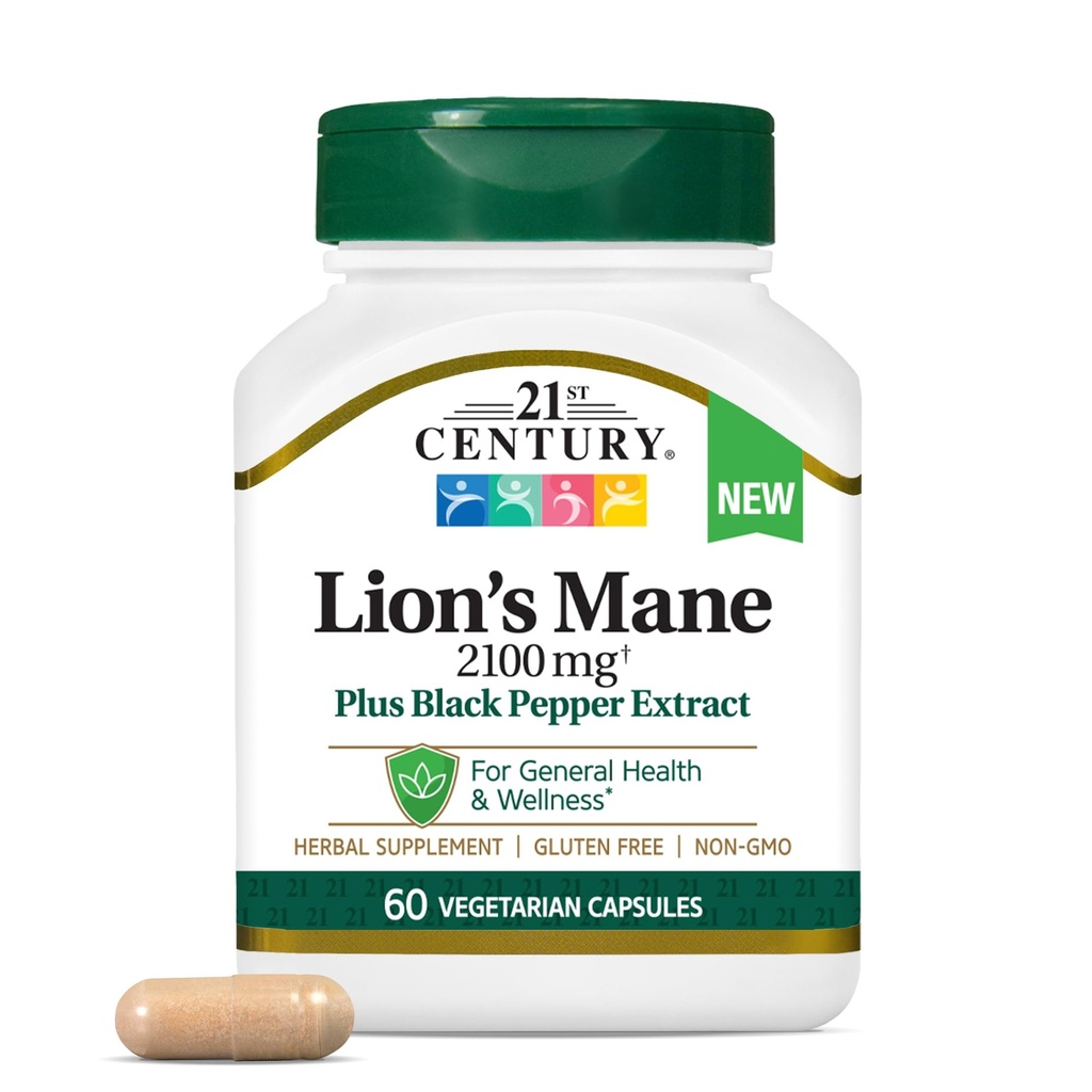 21. Yüzyıl Aslan'ın Mane 2,100 mg, Plus Black Pepper Extract, Vegetarian Capsules, 60 Count