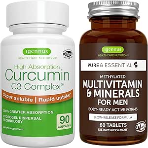 Erkekler için Multivitamin & Minerals + High Abxia Curcumin C3 Kompleksi, Vegan Sche, Sustained release Advanced Multivitamin + 300 Greater Abxia Curcuminoids with Rapid Uptake, by Igennus