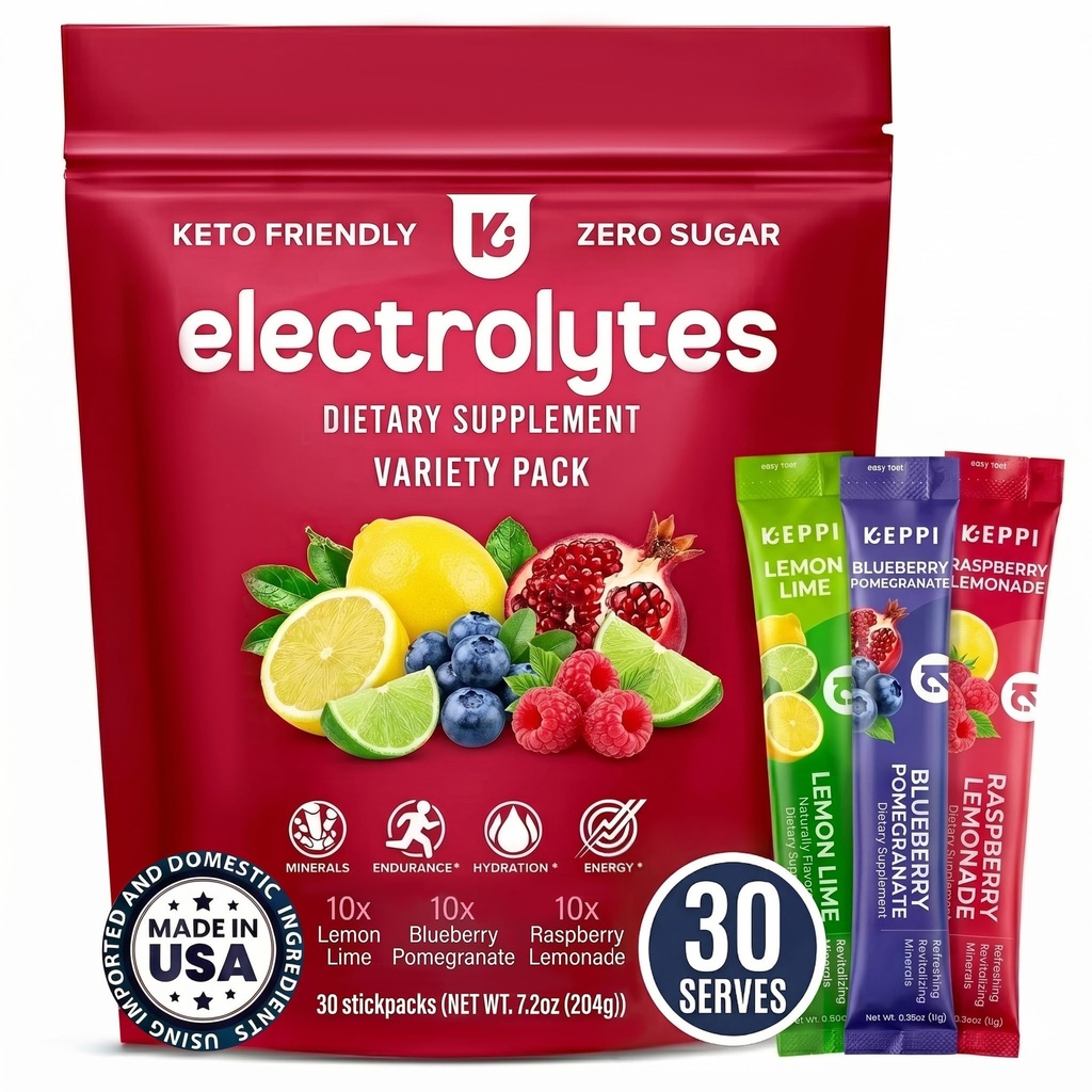 Keppi Electrolytes Toz Packets Assorted Flavors 30 Servisler - Potasyum, Magnezyum, sodyum - Keto, Vegan, Fasting-Friendly, Zero Calorie Hydration Packets