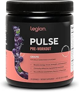LEGION- All Natural Nitric Oxide Preworkout Drink to Boost Energy, Creatine Free, Naturally Sweetened, Beta Alanine, Citrulline, Alpha GPC (Grape)